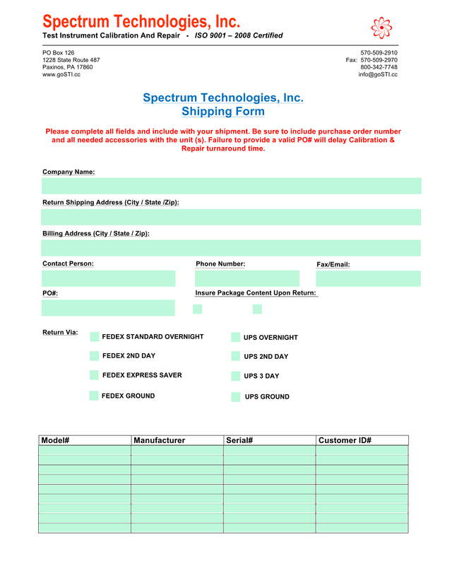 Spectrum Technologies, Inc. Shipping Form screenshot