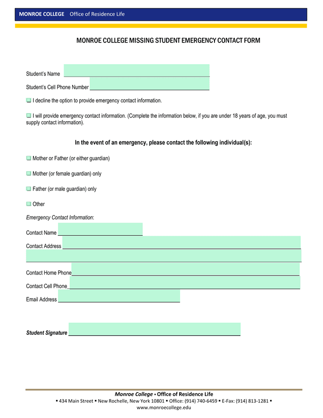 MONROE COLLEGE MISSING STUDENT EMERGENCY CONTACT FORM screenshot