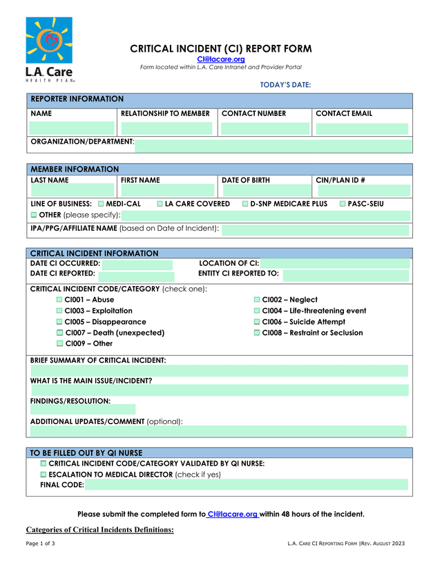 Critical Incident (CI) Report Form screenshot