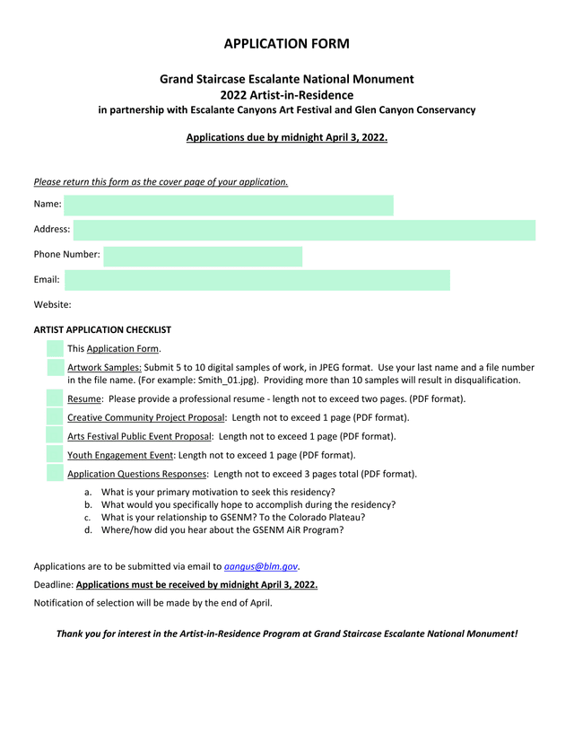 Grand Staircase Escalante National Monument 2022 Artist In Residence Application Form screenshot