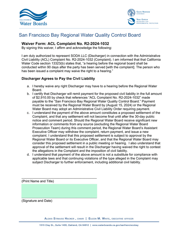 Waiver Form ACL Complaint No. R2 2024 1032 screenshot
