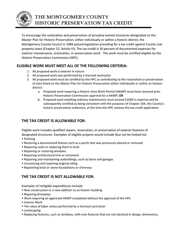 Historic Preservation Tax Credit Program screenshot