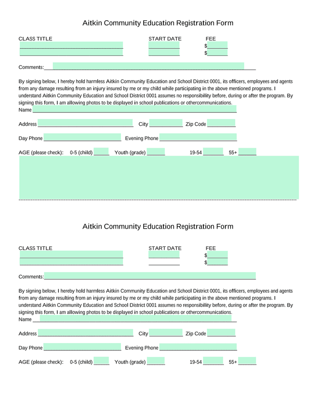 Aitkin Community Education Registration Form screenshot