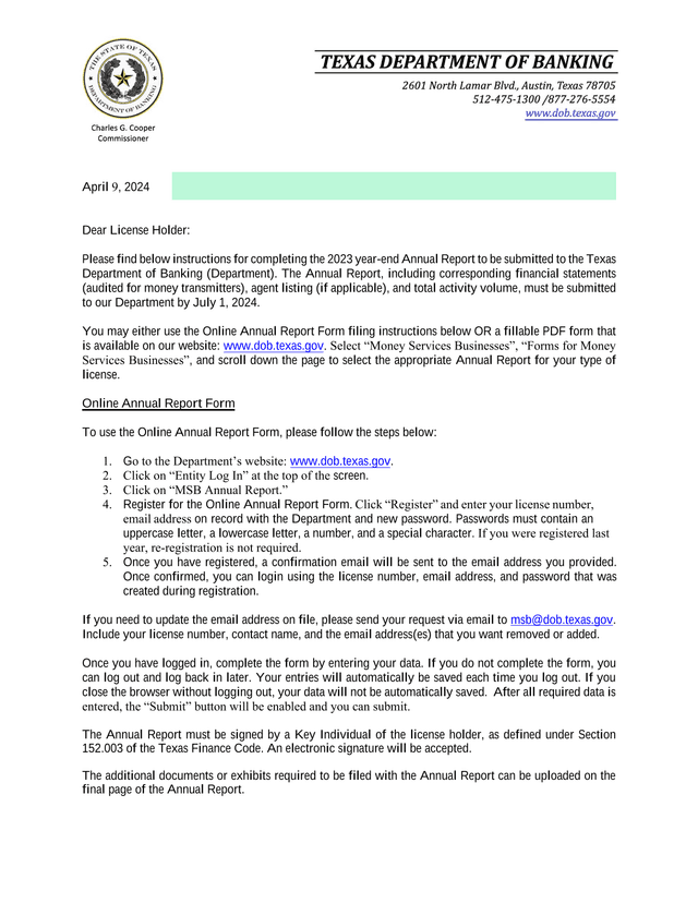Texas Department Of Banking Annual Report For Money Services Businesses screenshot