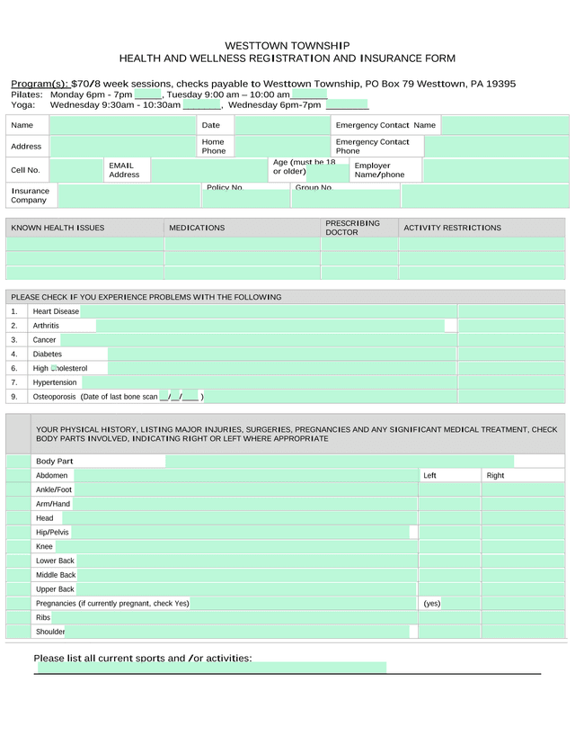 Westtown Township Health And Wellness Registration And Insurance Form screenshot