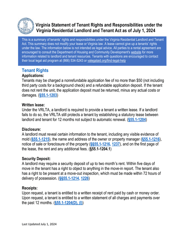 Virginia Statement Of Tenant Rights And Responsibilities screenshot