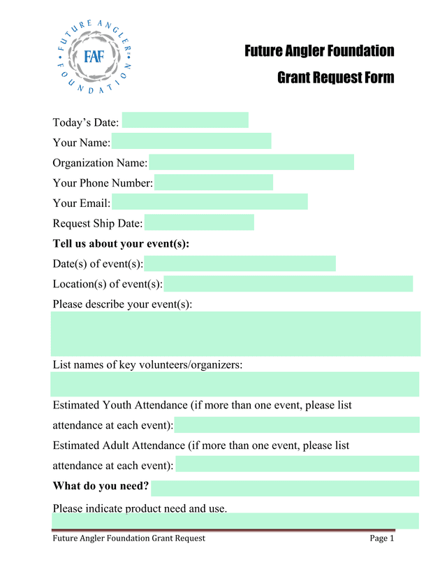 Future Angler Foundation Grant Request Form screenshot