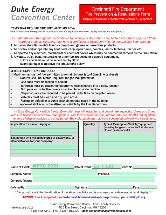 Fire Prevention  Regulations Form   Display Of Gasoline Or Motorized Vehicles  Equipment screenshot