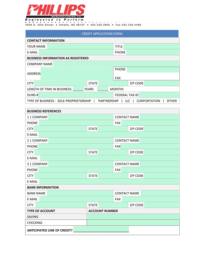 CREDIT APPLICATION FORM screenshot