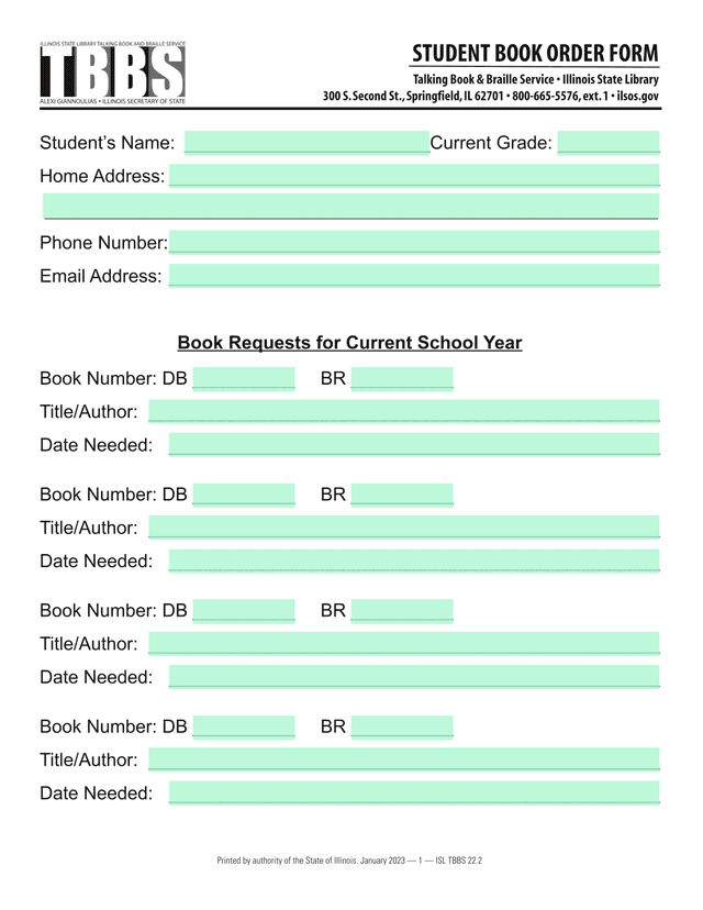 Student Book Order Form screenshot