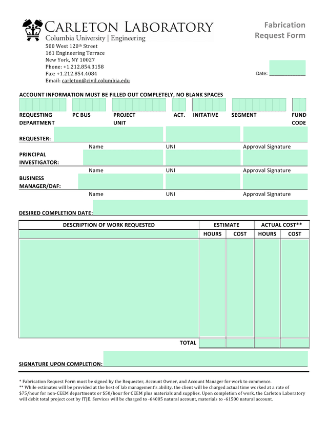 Fabrication Request Form screenshot
