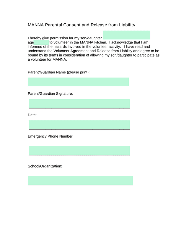 MANNA Parental Consent And Release From Liability screenshot