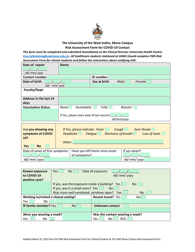 Risk Assessment Form For COVID 19 Contact screenshot