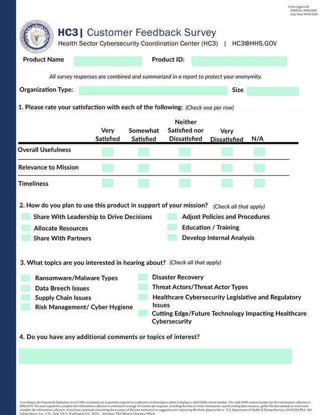 HC3 Customer Feedback Survey screenshot