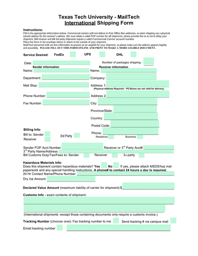 Texas Tech University   International Shipping Form screenshot