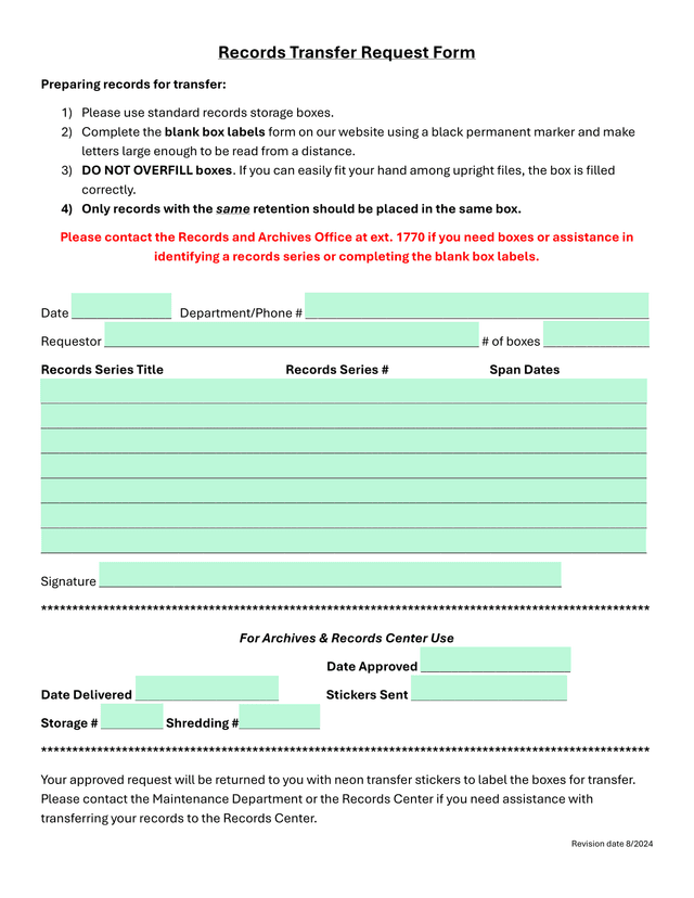 Records Transfer Request Form screenshot
