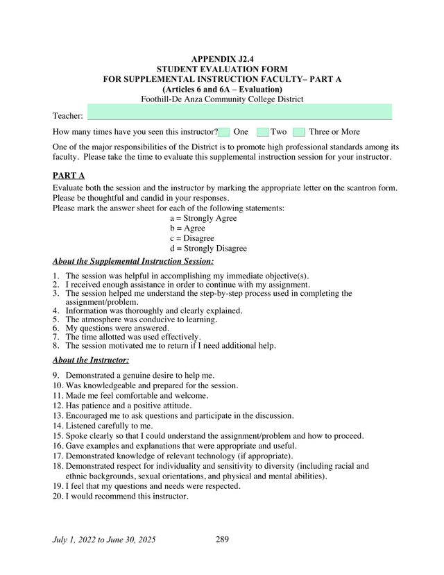 Student Evaluation Form For Supplemental Instruction Faculty  Part A screenshot