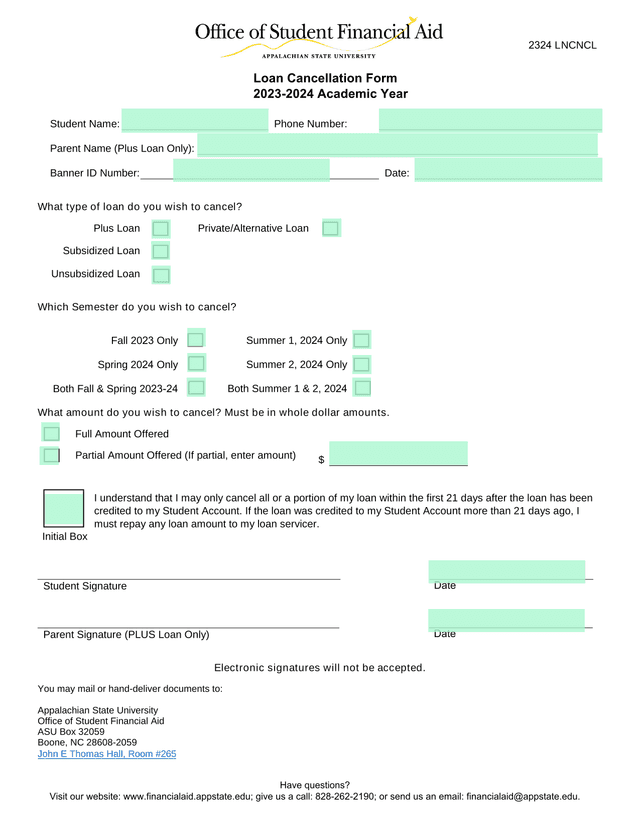 Loan Cancellation Form screenshot