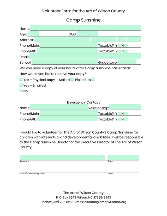 Volunteer Form For The Arc Of Wilson County Camp Sunshine screenshot