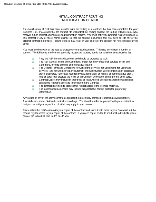 Initial Contract Routing Notification Of Risk screenshot