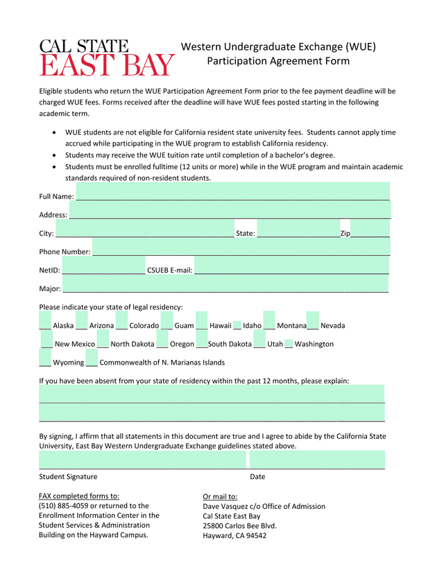 Western Undergraduate Exchange (WUE) Participation Agreement Form screenshot