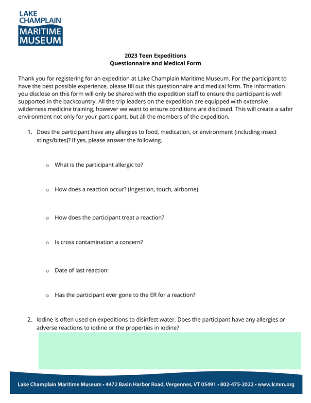 2023 Teen Expeditions Questionnaire And Medical Form screenshot