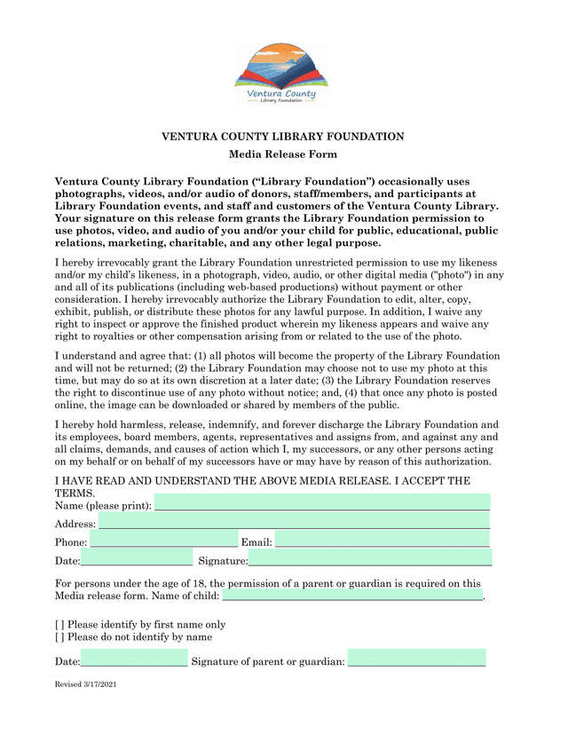 Ventura County Library Foundation Media Release Form screenshot