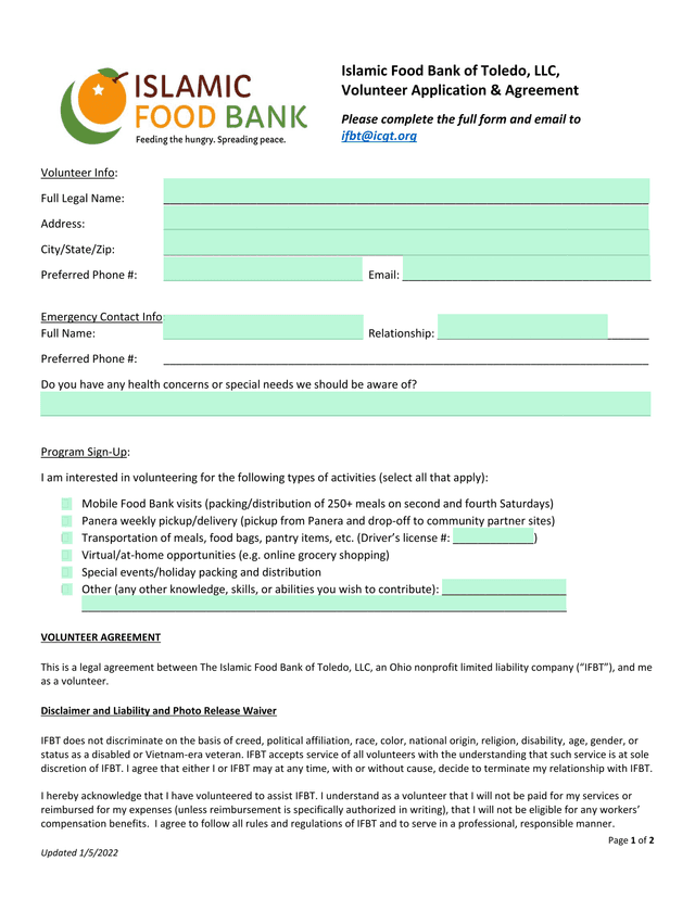 Islamic Food Bank Of Toledo, LLC, Volunteer Application  Agreement screenshot