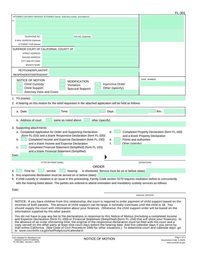 FL 301 NOTICE OF MOTION MODIFICATION screenshot