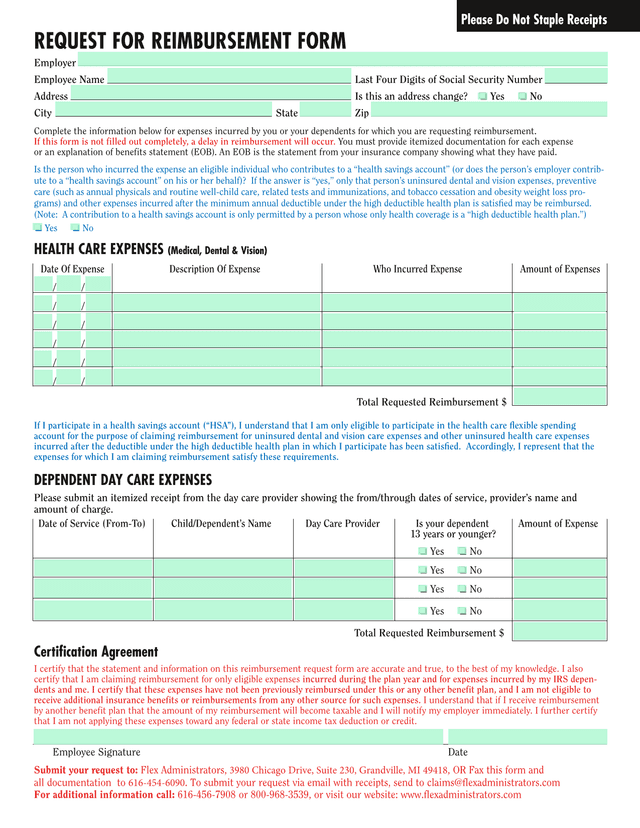 Request For Reimbursement Form screenshot