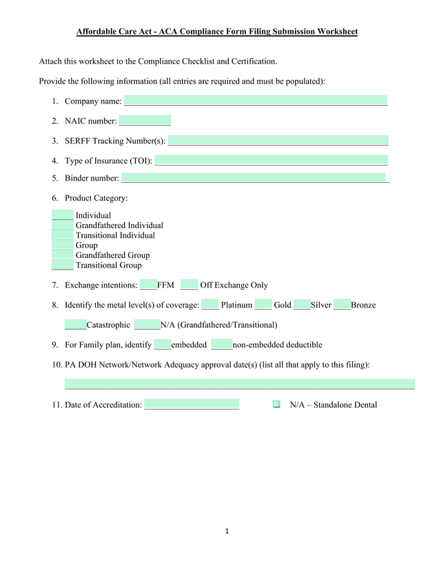 Affordable Care Act   ACA Compliance Form Filing Submission Worksheet screenshot