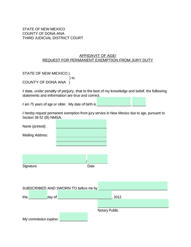 Affidavit Of AgeRequest For Permanent Exemption From Jury Duty screenshot