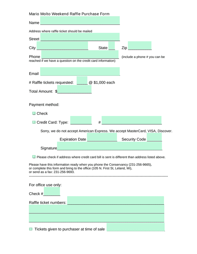Mario Molto Weekend Raffle Purchase Form screenshot