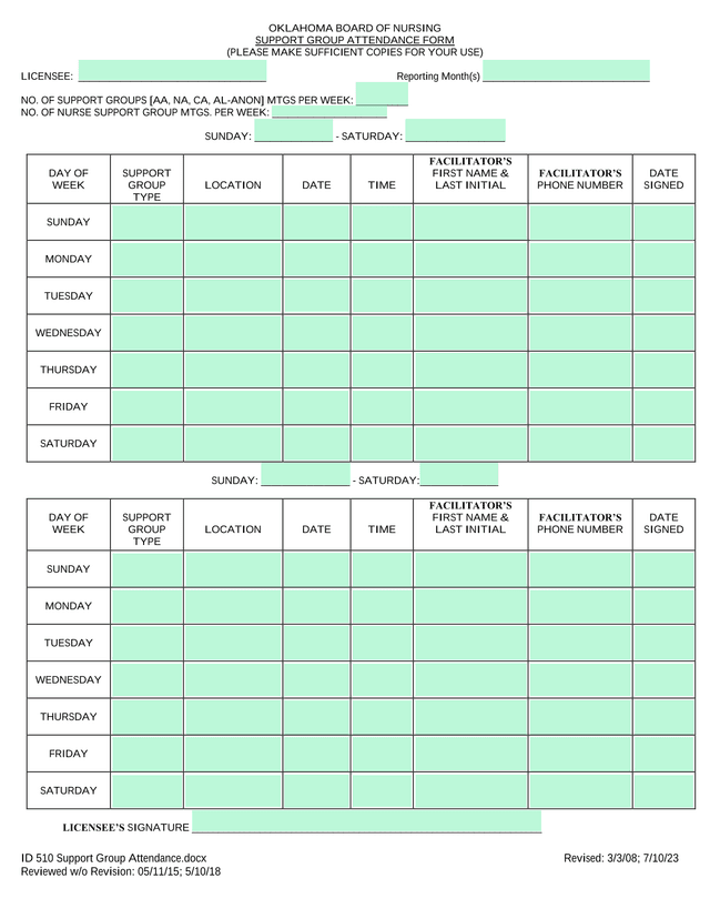 Support Group Attendance Form screenshot