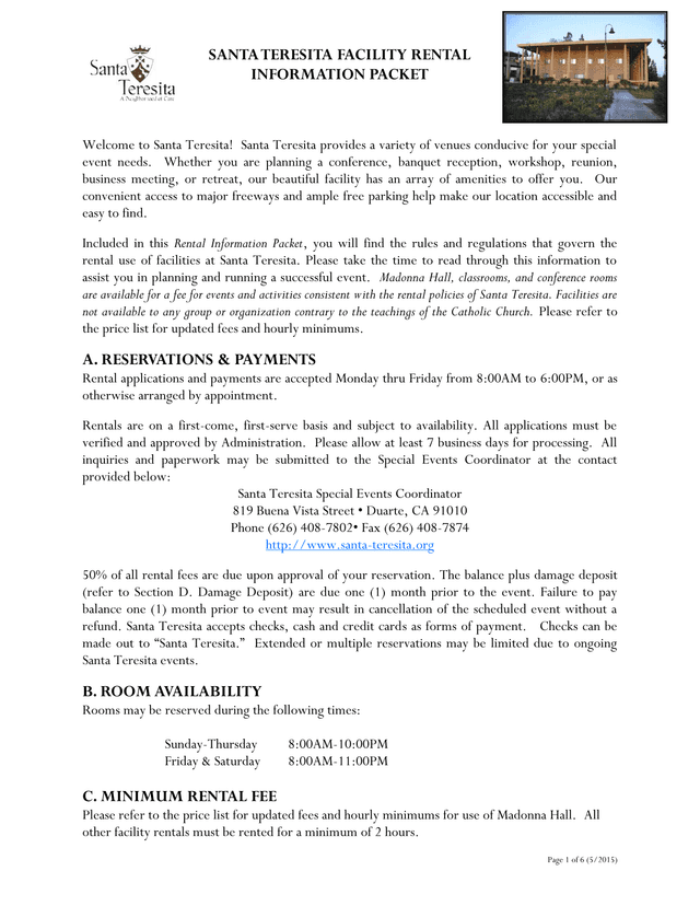 Santa Teresita Facility Rental Information Packet screenshot