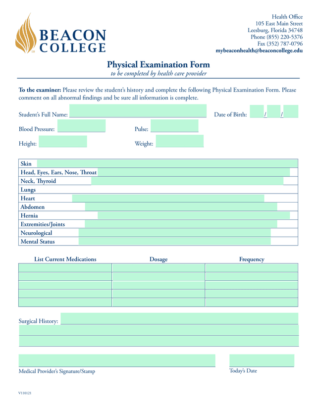 Physical Examination Form screenshot