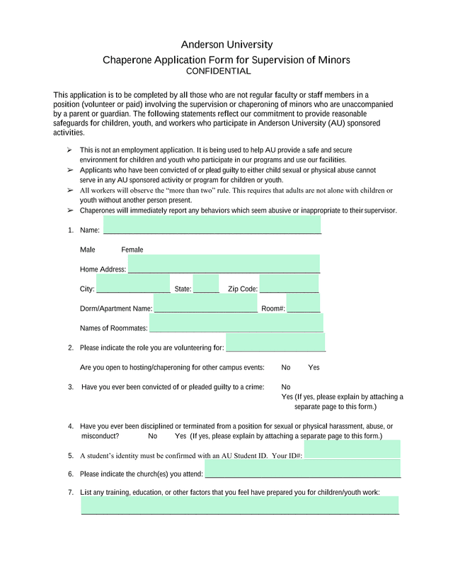 Chaperone Application Form For Supervision Of Minors screenshot