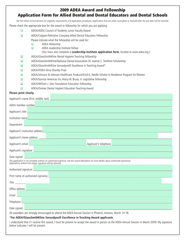 2009 ADEA Award And Fellowship Application Form For Allied Dental And Dental Educators And Dental Sc screenshot