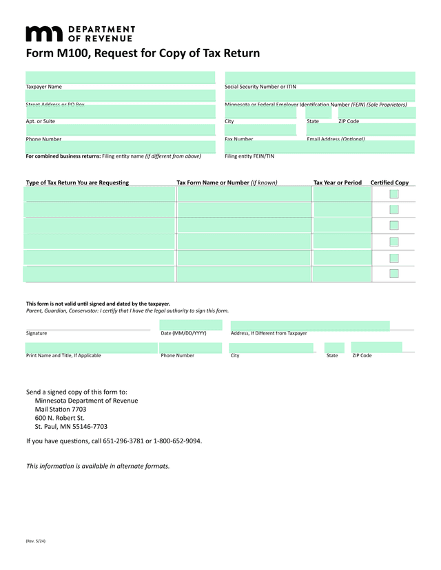 Form M100, Request For Copy Of Tax Return screenshot