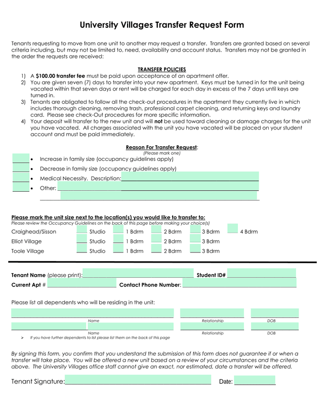 University Villages Transfer Request Form screenshot