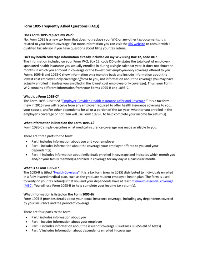 Form 1095 Frequently Asked Questions (FAQs) screenshot