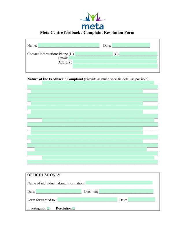 Meta Centre Feedback  Complaint Resolution Form screenshot