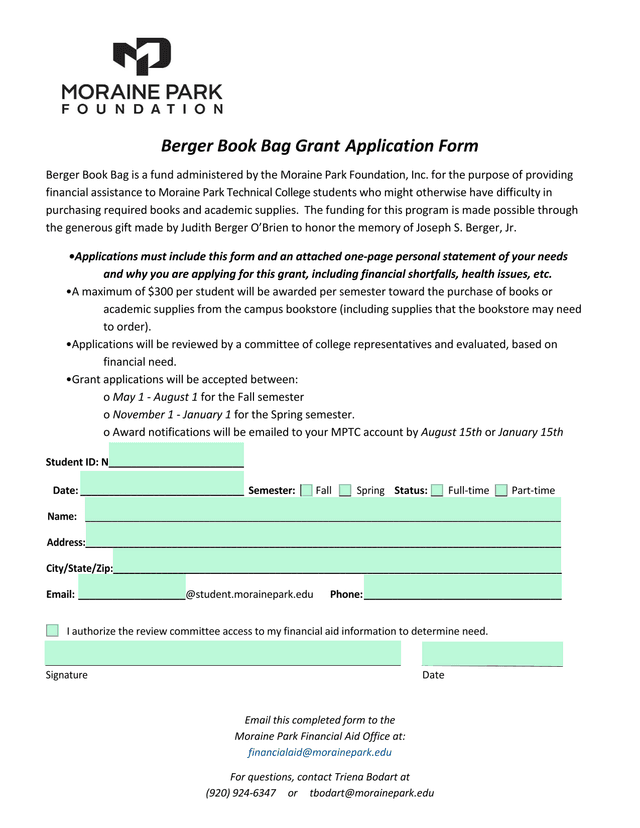 Berger Book Bag Grant Application Form screenshot