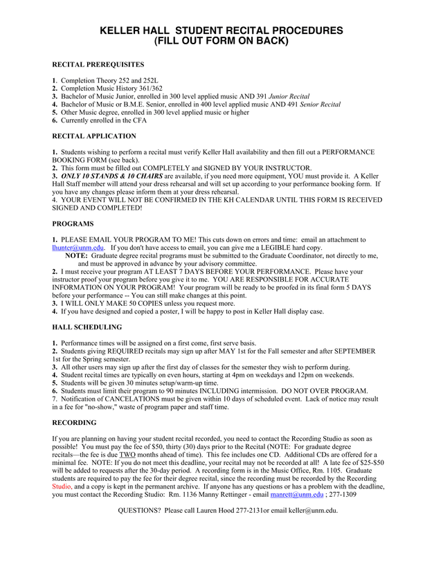 Keller Hall Student Recital Procedures screenshot