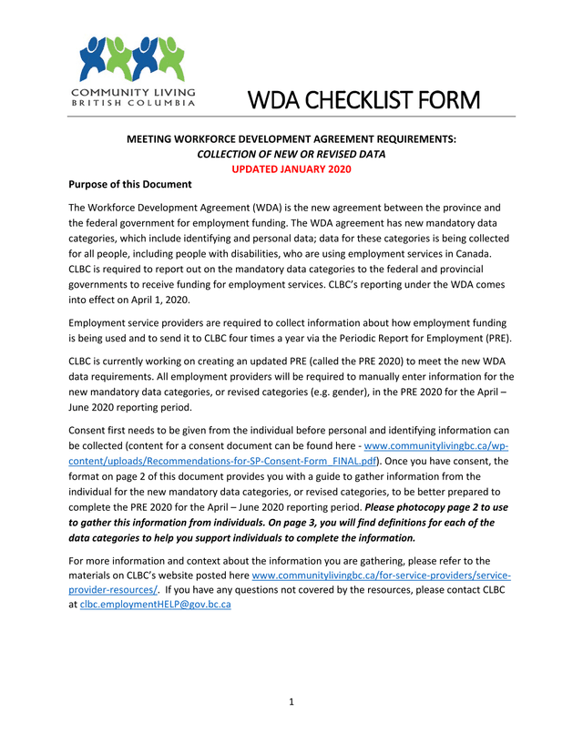 WDA Checklist Form screenshot