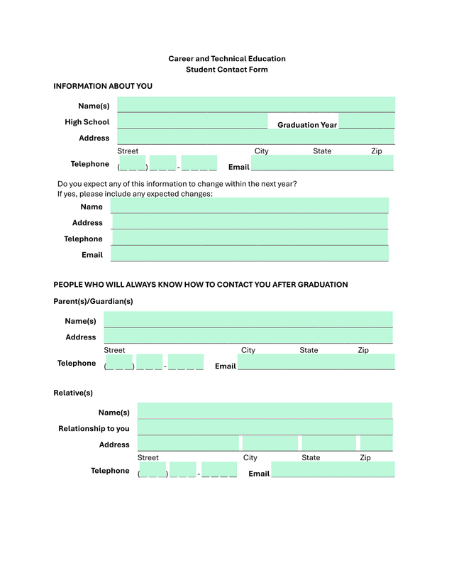 Career And Technical Education Student Contact Form screenshot