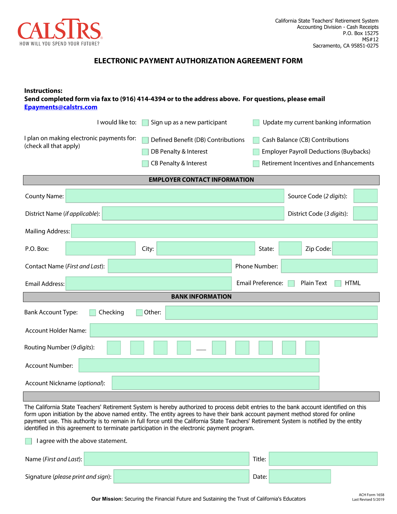 Electronic Payment Authorization Agreement Form screenshot