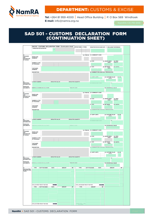 SAD 501   CUSTOMS DECLARATION FORM screenshot