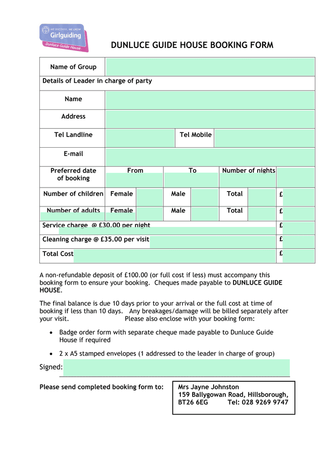 Dunluce Guide House Booking Form screenshot