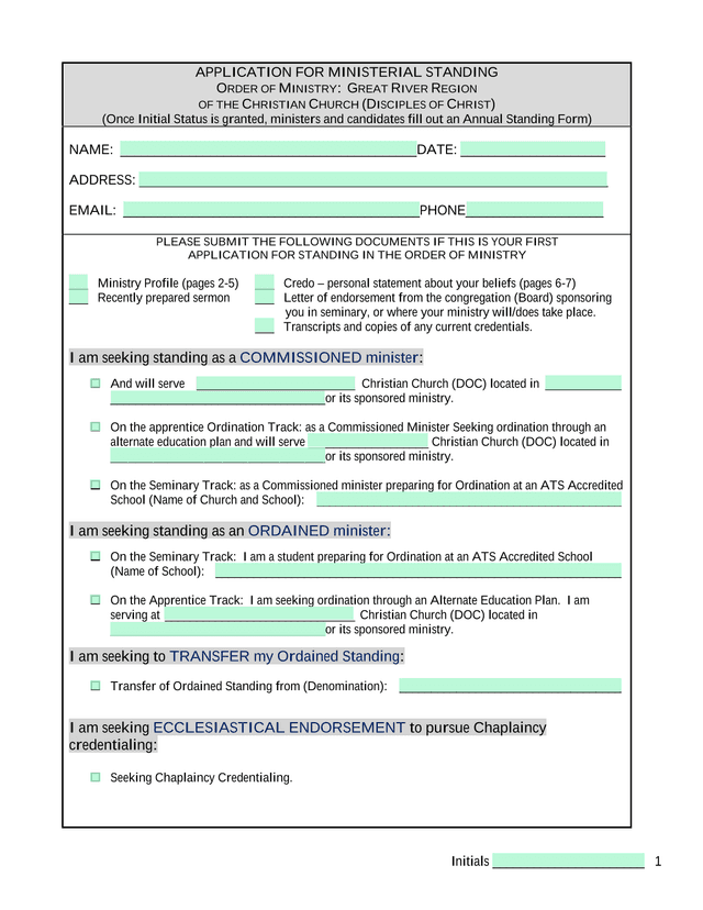 APPLICATION FOR MINISTERIAL STANDING ORDER OF MINISTRY screenshot